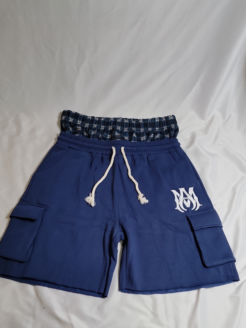 AMIRI Navy Blue Cargo Drawstring Shorts with White Logo